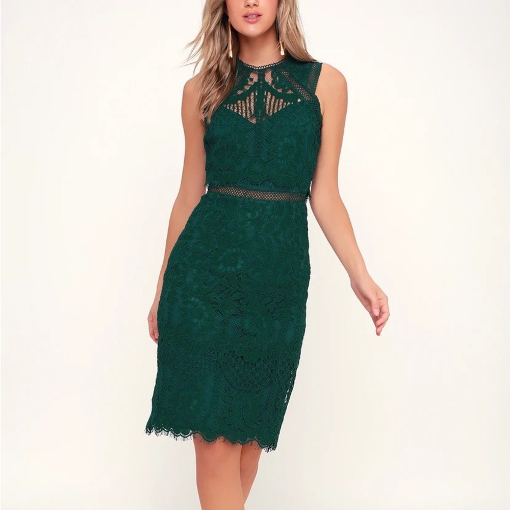 Lulu’s | Sweetness Forest Green Lace Midi Dress